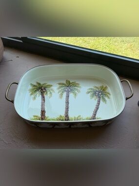 Vintage Tabletops Unlimited Palm Grove Porcelain Enamel Palm Trees Roasting Pan